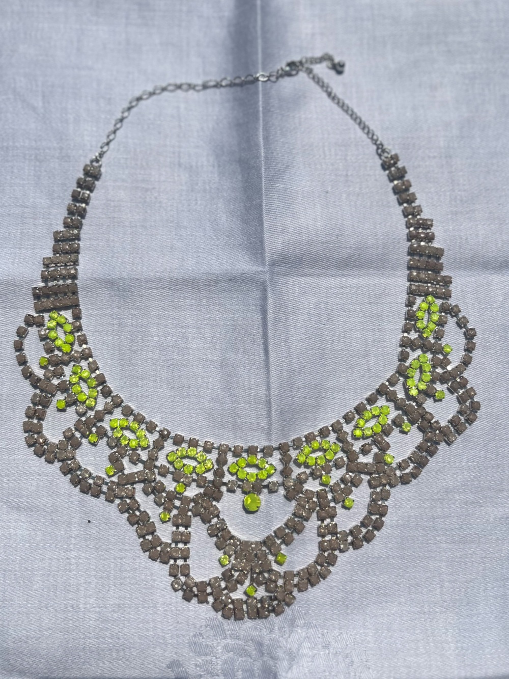 Artist-made Silver-Tone and Blush Necklace with Lime Green Accents.